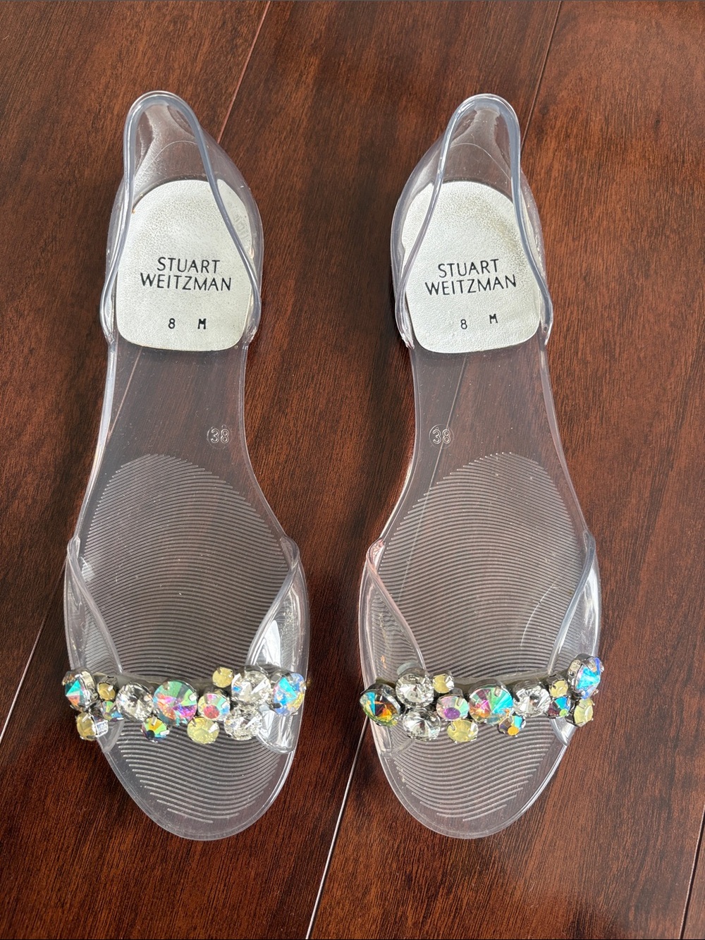 Stuart Weitzman Clear Jelly Slingback Sandals with Iridescent Crystal Accents
